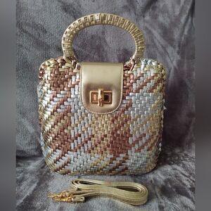 NWOT Tango Bag Metallic Silver Gold Bronze Woven Hard Shell Tote Handbag Purse
